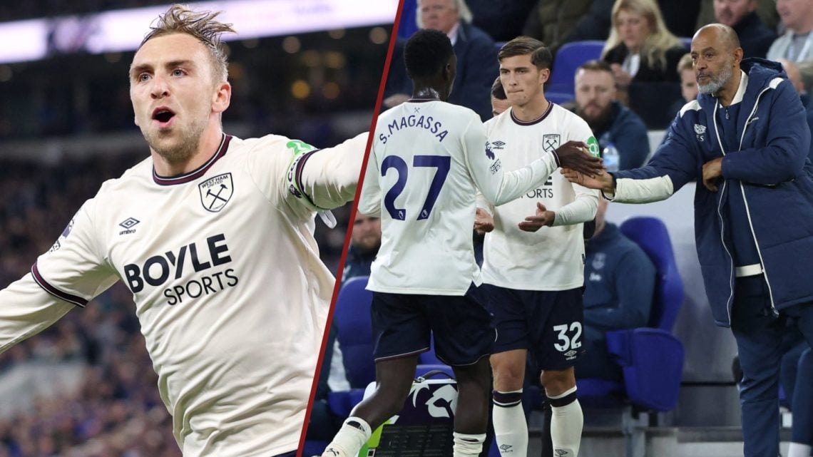 Split image showing West Ham United captain Jarrod Bowen scoring vs Everton, and Jarrod Bowen, Soungoutou Magassa being replaced by Freddie Potts i...