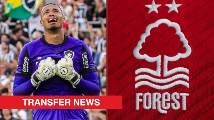 Split image showing John Victor representing Botafogo and the Nottingham Forest badge