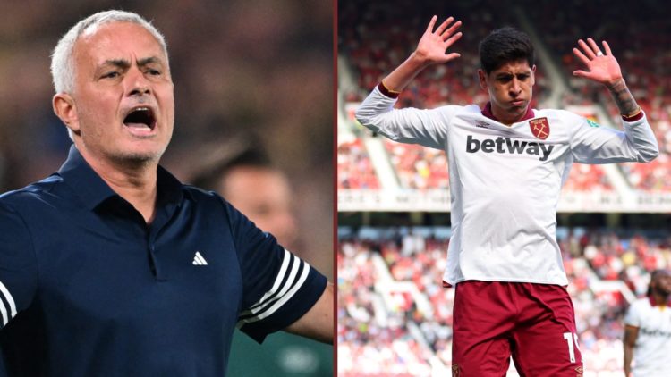 Split image showing former Fenerbahce coach Jose Mourinho and Edson Alvarez playing for West Ham United