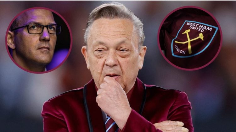 West Ham majority owner David Sullivan deep in thought. Inset, Hammers co-owner Daniel Kretinsky and the club's badge on a corner flag