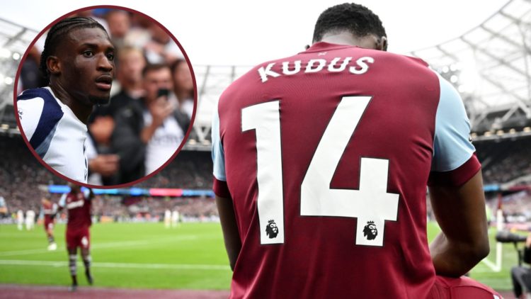 Mohammed Kudus does his trademark celebration after scoring for West Ham at the London Stadium and, inset, now with Spurs