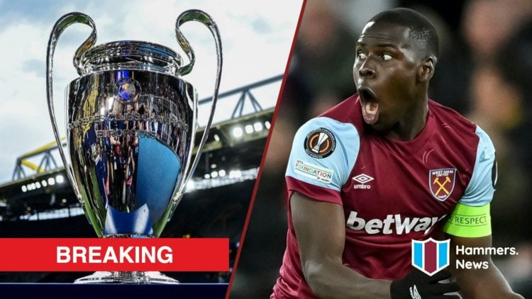 Split image showing Kurt Zouma playing for West Ham United and the Champions League trophy