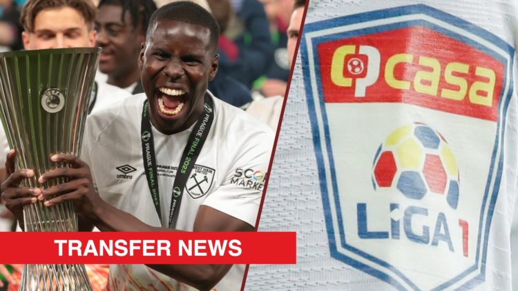 Split image showing former West Ham United captain Kurt Zouma winning the Conference League, and the Romanian league logo