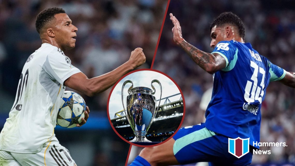 Split image showing Kylian Mbappe and Emerson Palmieri in the Champions League match between Real Madrid and Marseille