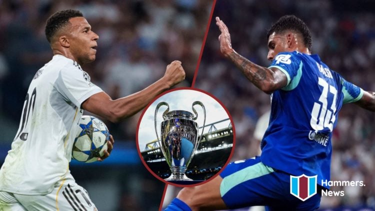 Split image showing Kylian Mbappe and Emerson Palmieri in the Champions League match between Real Madrid and Marseille