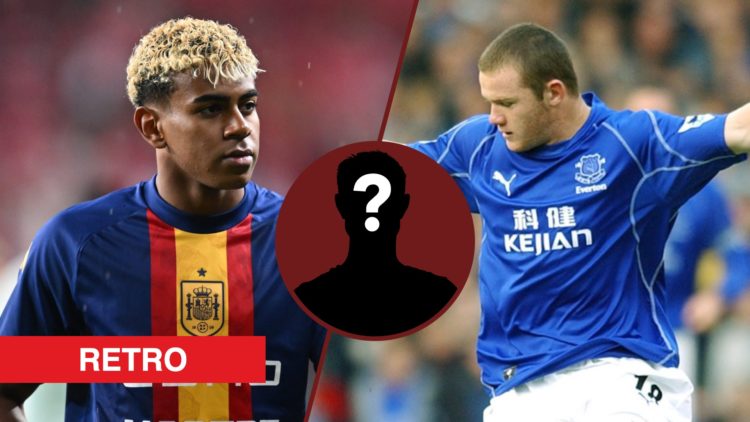 Split image showing Barcelona star Lamine Yamal and Wayne Rooney at Everton