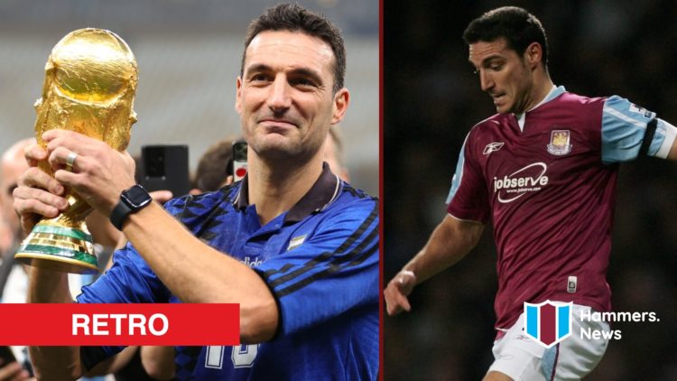 Split image showing Lionel Scaloni winning the World Cup with Argentina, and playing for West Ham United