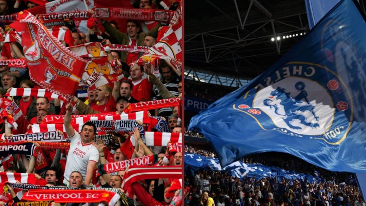 Split image showing the Liverpool fans at Anfield and Chelsea fans waving a flag at Wembley