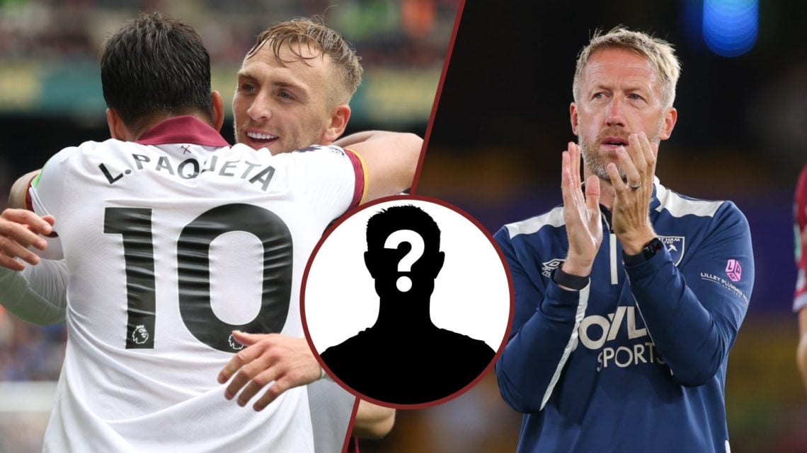 Split image showing West Ham United teammates Lucas Paqueta and Jarrod Bowen celebrating, and Hammers coach Graham Potter