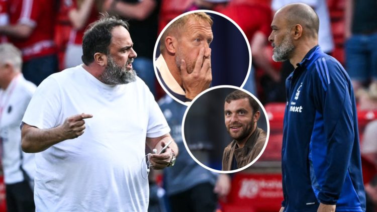 Nottingham Forest chief Evangelos Marinakis talks to manager Nuno Espirito Santo. Inset, West Ham boss Graham Potter and reporter Fabrizio Romano