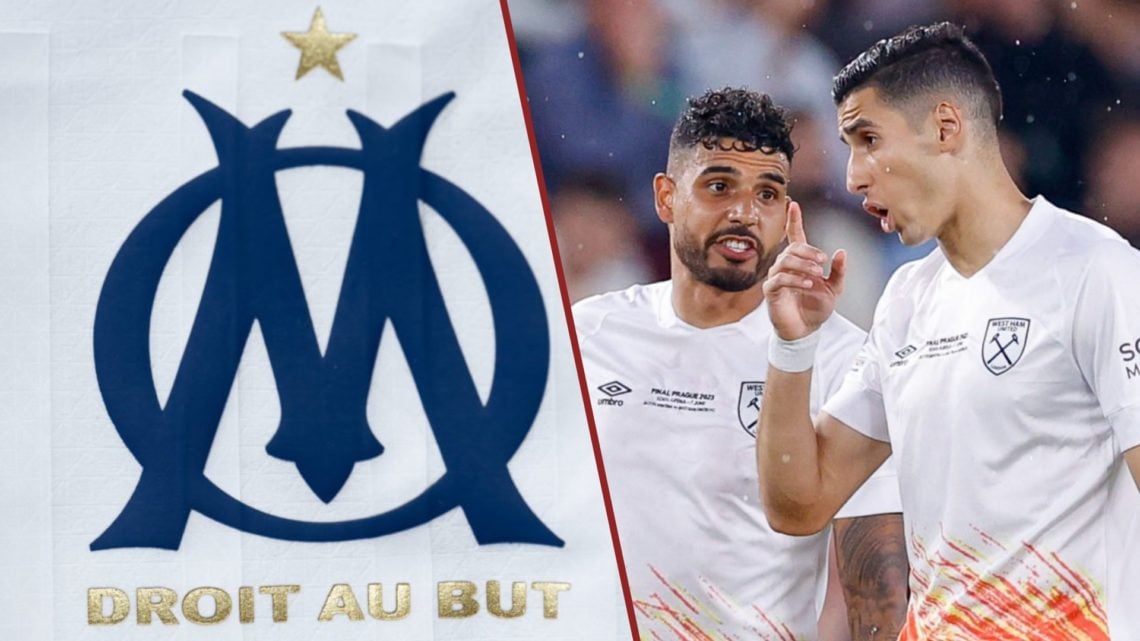 Split image showing the Marseille badge and Nayef Aguerd and Emerson Palmieri playing together for West Ham United