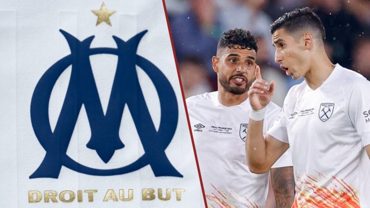 Split image showing the Marseille badge and Nayef Aguerd and Emerson Palmieri playing together for West Ham United