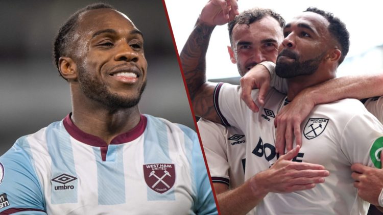 Split image showing Michail Antonio and Callum Wilson playing for West Ham United