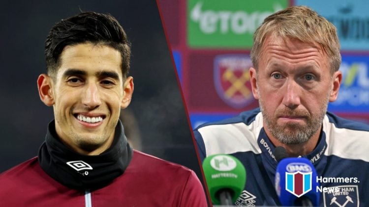 Split image showing now-Marseille defender Nayef Aguerd and West Ham United coach Graham Potter