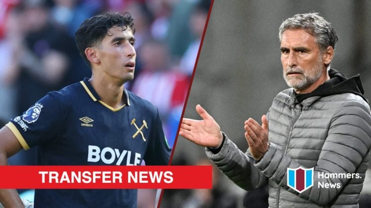 Split image showing Nayef Aguerd playing for West Ham United and former Dijon coach Olivier Dall'Oglio