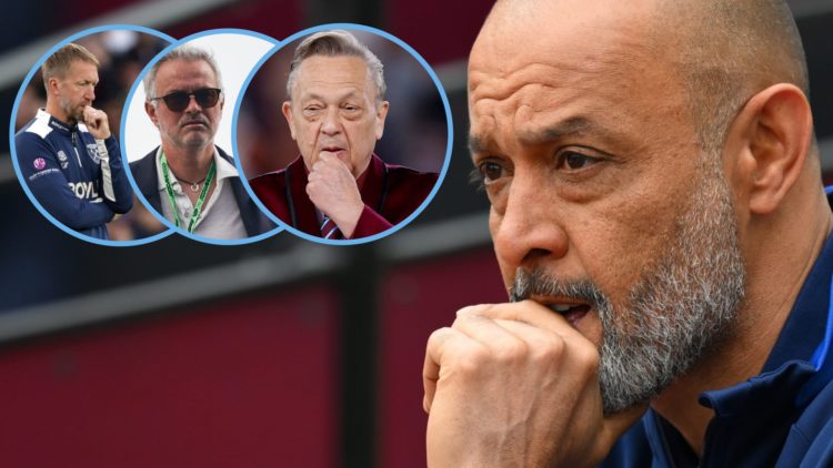 Nuno Espirito Santo deep in thought. Inset, West Ham boss Graham Potter and owner David Sullivan either side of Jose Mourinho