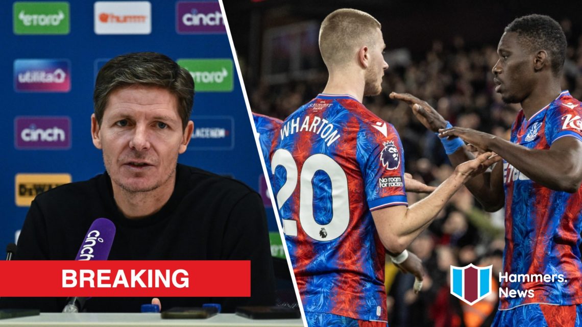 Split image showing Crystal Palace head coach Oliver Glasner, plus Eagles duo Adam Wharton and Ismaila Sarr