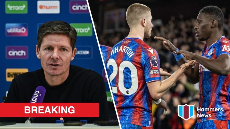 Split image showing Crystal Palace head coach Oliver Glasner, plus Eagles duo Adam Wharton and Ismaila Sarr