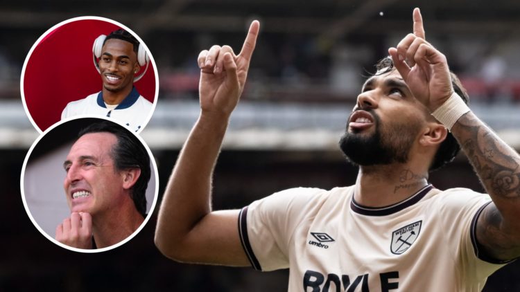 West Ham star Lucas Paqueta celebrates. Inset, Crysencio Summerville pre-match and Aston Villa boss Unai Emery