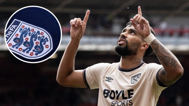 West Ham star Lucas Paqueta points to the sky after scoring for the Hammers. Inset, the Football Association badge