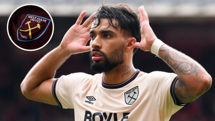 West Ham star Lucas Paqueta gestures to the crowd. Inset, the Hammers badge on a corner flag