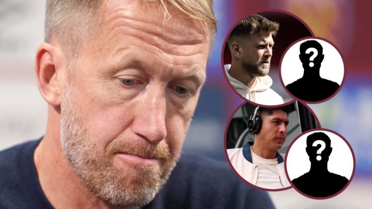 A dejected Graham Potter before he was sacked by West Ham. Inset, Hammers players Edson Alvarez and Niclas Fullkrug