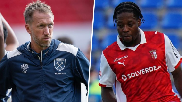 West Ham head coach Graham Potter watches on and Braga's Germany Under 21 star Bright Arrey-Mbi