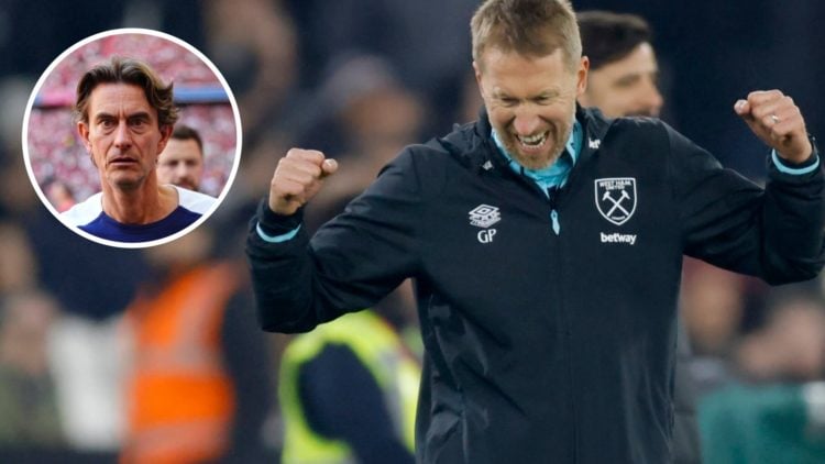 West Ham head coach Graham Potter celebrates his side scoring. Inset, Spurs boss Thomas Frank wears a worried look