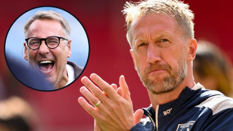 West Ham head coach Graham Potter applauds the club's fans. Inset, pundit Paul Merson laughing