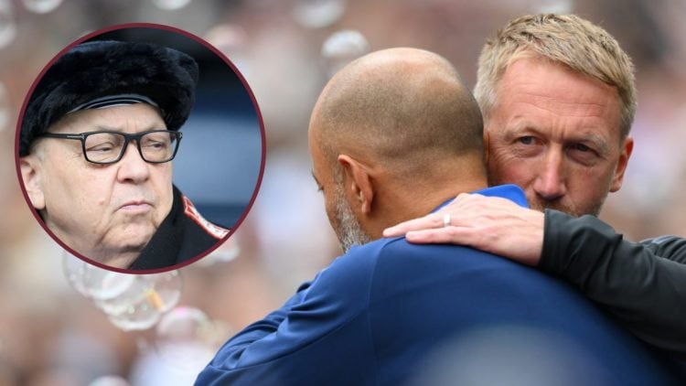 West Ham head coach Graham Potter embraces Nottingham Forest boss Nuno Espirito Santo. Inset, Hammers chief David Sullivan