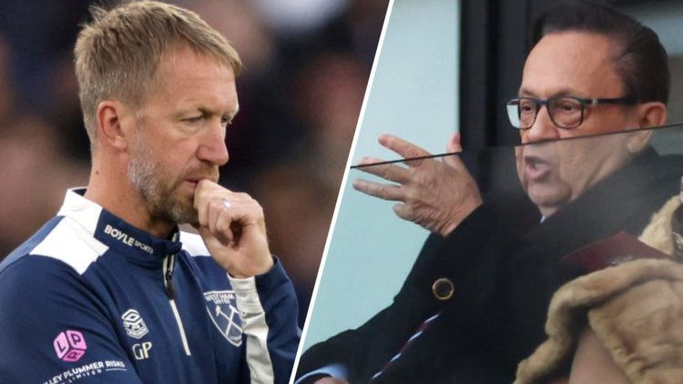 West Ham head coach Graham Potter looks dejected during the defeat to Spurs as Hammers chief David Sullivan watches on from the director's box