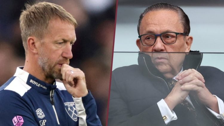 West Ham head coach Graham Potter looks dejected on the sideline and majority owner David Sullivan watches on from his box