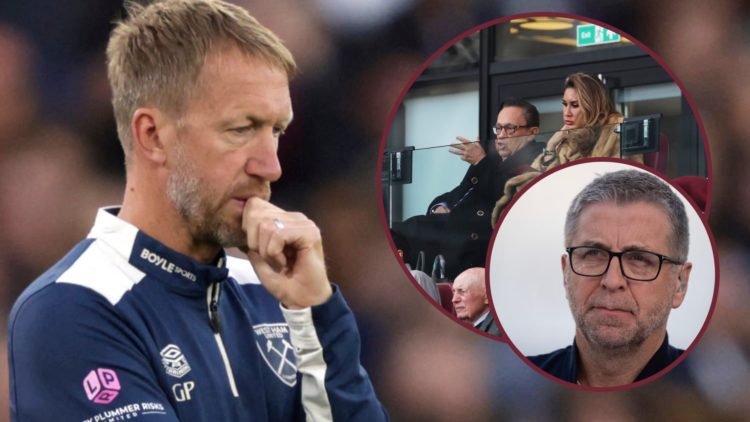 Beleaguered West Ham head coach Graham Potter on the sideline. Inset, Hammers chief David Sullivan watches on and Match of the Day host Mark Chapman