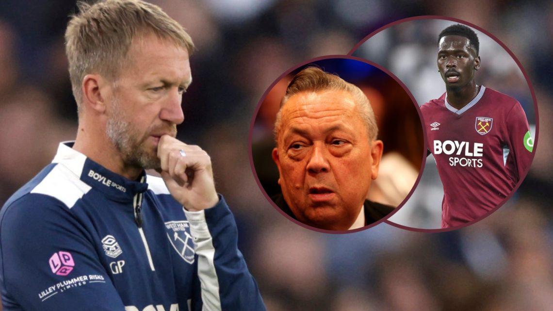 West Ham head coach Graham Potter looks troubled on the sideline. Inset, Hammers chief David Sullivan and midfielder Soungoutou Magassa