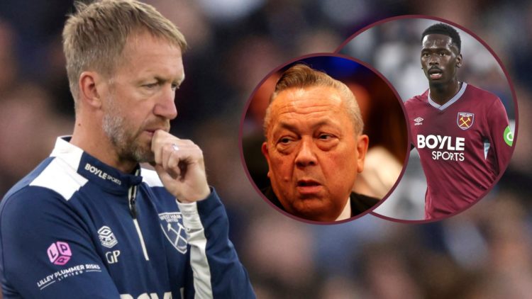 West Ham head coach Graham Potter looks troubled on the sideline. Inset, Hammers chief David Sullivan and midfielder Soungoutou Magassa