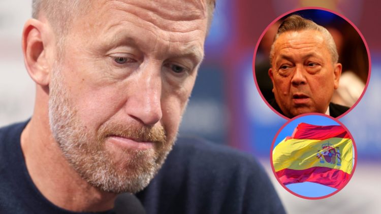 A dejected Graham Potter before being sacked by West Ham. Inset, Hammers chief David Sullivan and the Spain flag