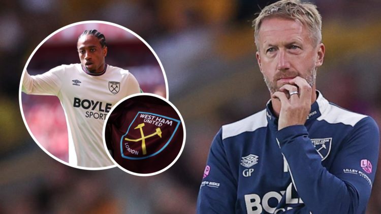 West Ham head coach Graham Potter and, inset, defender Kyle Walker-Peters alongside the Hammers flag