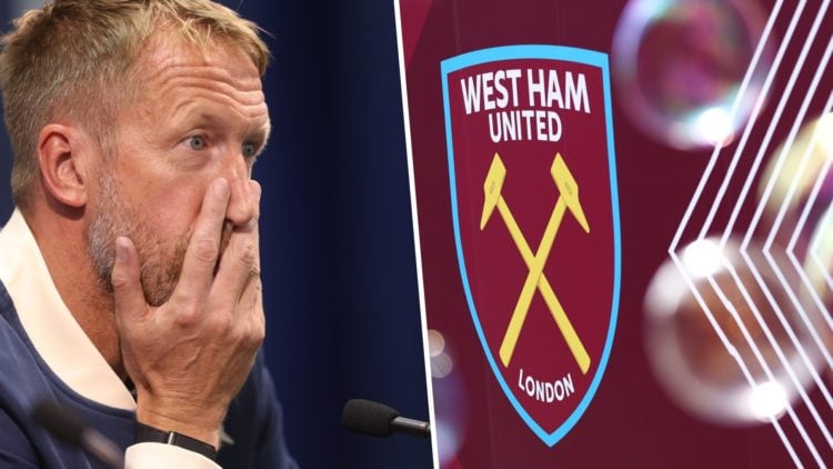 West Ham head coach Graham Potter holds his hand to his face and the Hammers badge