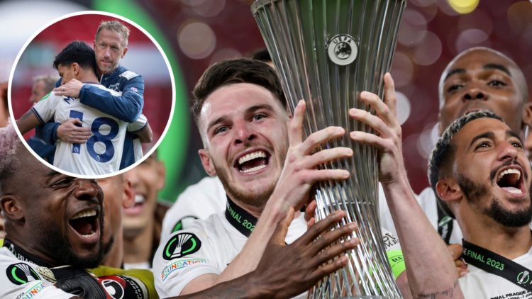 Declan Rice lifts the Europa Conference League for West Ham. Inset, Hammers boss Graham Potter embraces Mateus Fernandes