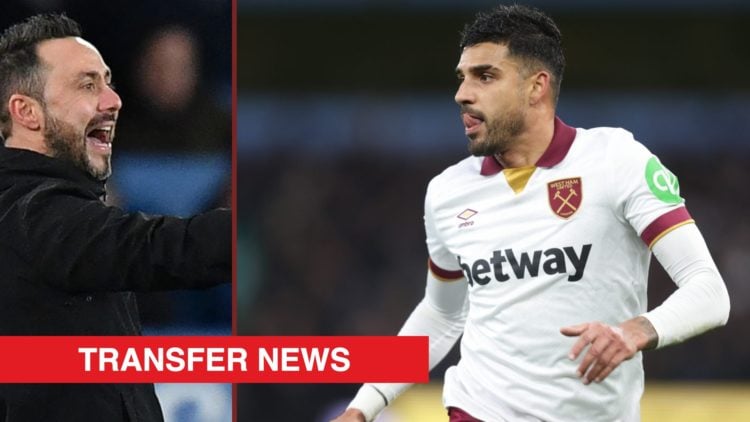 Split image showing Marseille coach Roberto de Zerbi and Emerson Palmieri playing for West Ham United