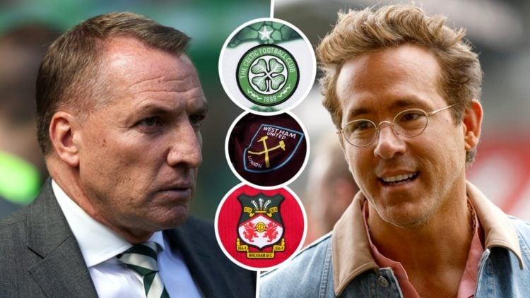 Celtic boss Brendan Rodgers and Wrexham chief Ryan Reynolds. Inset, the Hammers, Wrexham and Celtic badges