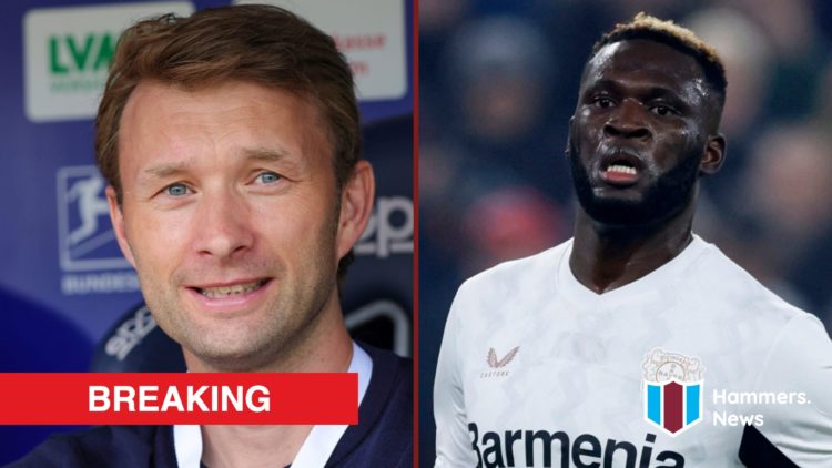Split image showing Bayer Leverkusen director Simon Rolfes and striker Victor Boniface
