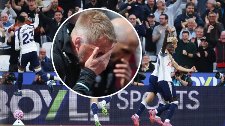 Tottenham Hotspur players celebrate after scoring against West Ham at the London Stadium. Inset, a dejected Graham Potter.