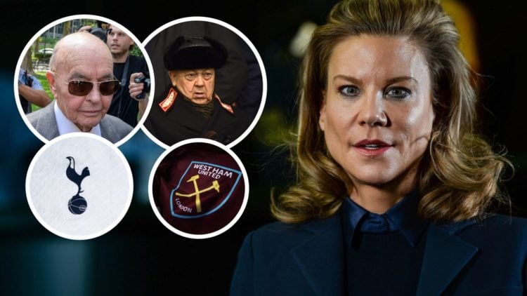 PCP Capital Partners chief Amanda Staveley. Inset, Spurs owner Joe Lewis, West Ham majority owner David Sullivan and the club badges