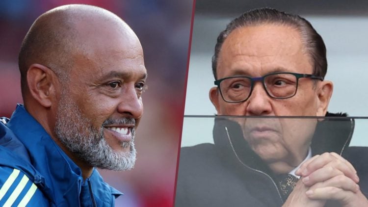 New West Ham boss Nuno Espirito Santo smiles and Hammers chief David Sullivan watches from the director's box