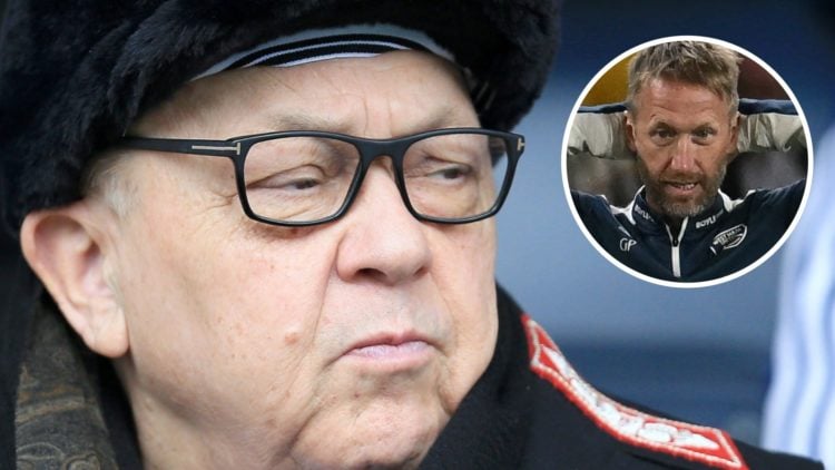West Ham majority owner David Sullivan watches on from the stands. Inset, Hammers head coach Graham Potter