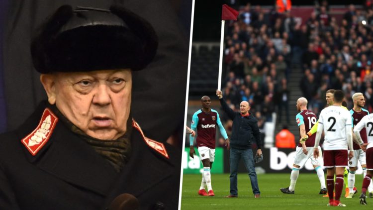 West Ham majority owner David Sullivan and Hammers fan Paul Colborne during protests at the London Stadium