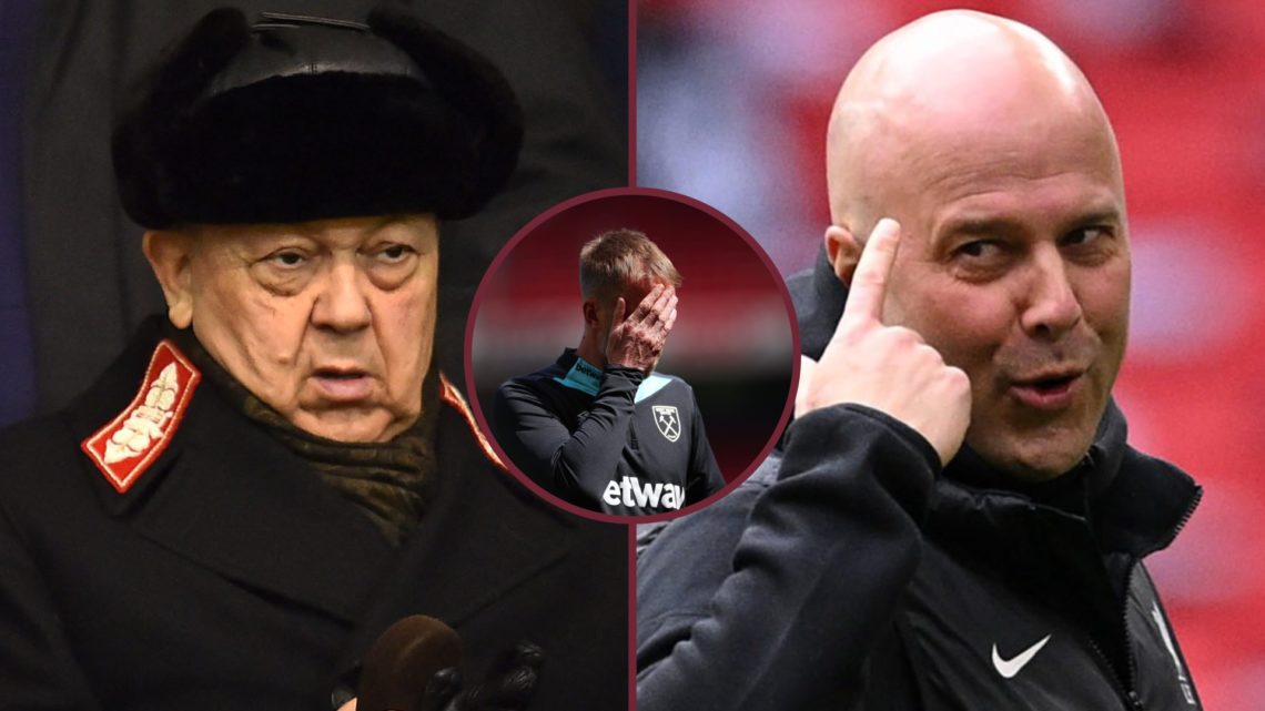 West Ham chief David Sullivan and Liverpool manager Arne Slot. Inset, Hammers head coach Graham Potter looks dejected