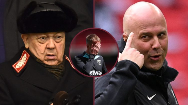 West Ham chief David Sullivan and Liverpool manager Arne Slot. Inset, Hammers head coach Graham Potter looks dejected