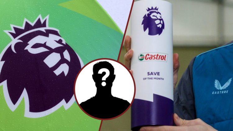 Split image showing the Premier League badge and the competition's Save of the Month award
